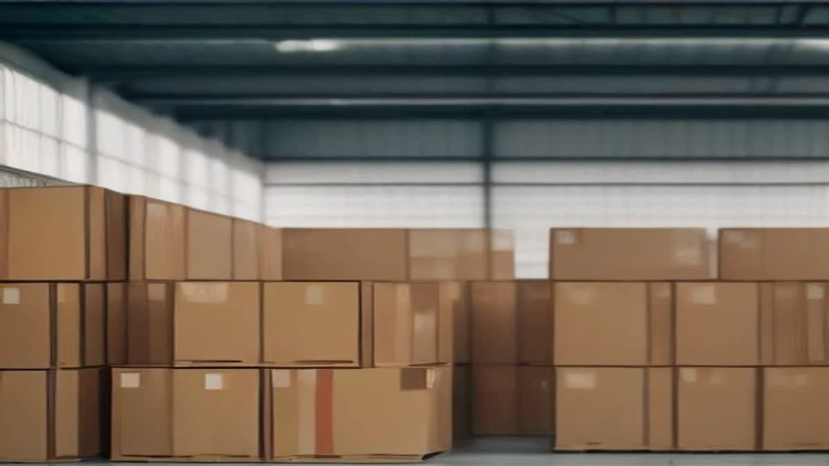 medium shot of a modern warehouse aisle with neatly stacked cartons and a clipboard on a pallet, overcast diffused light (illustrative image)